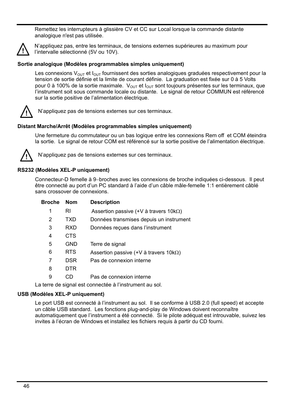 Sortie analogique \(modèles programmables simpl, Distant marche/arrêt \(modèles programmables s, Rs232 \(modèles xel-p uniquement\) | Broche, Description, Usb \(modèles xel-p uniquement\) | AMETEK XEL Series 60V and below User Manual | Page 50 / 186