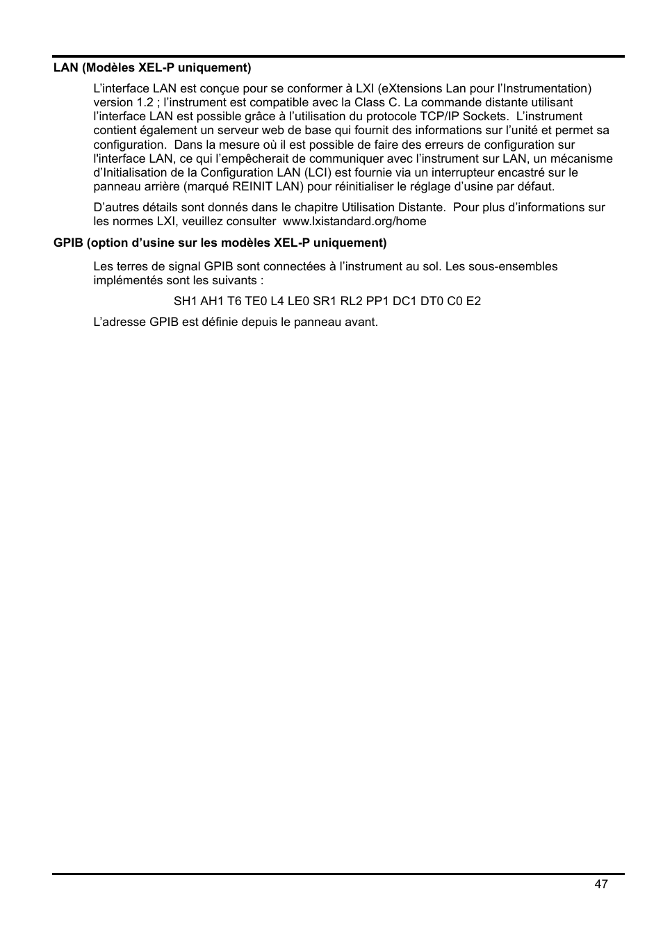 Lan \(modèles xel-p uniquement\), Gpib \(option d’usine sur les modèles xel-p uni | AMETEK XEL Series 60V and below User Manual | Page 51 / 186