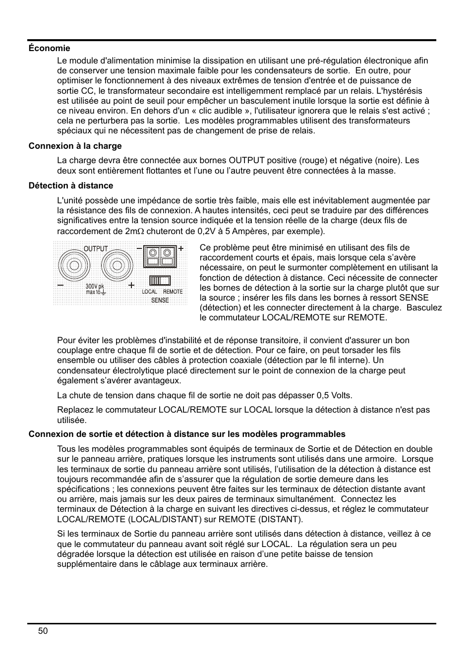 Économie, Connexion à la charge, Détection à distance | Connexion de sortie et détection à distance sur | AMETEK XEL Series 60V and below User Manual | Page 54 / 186