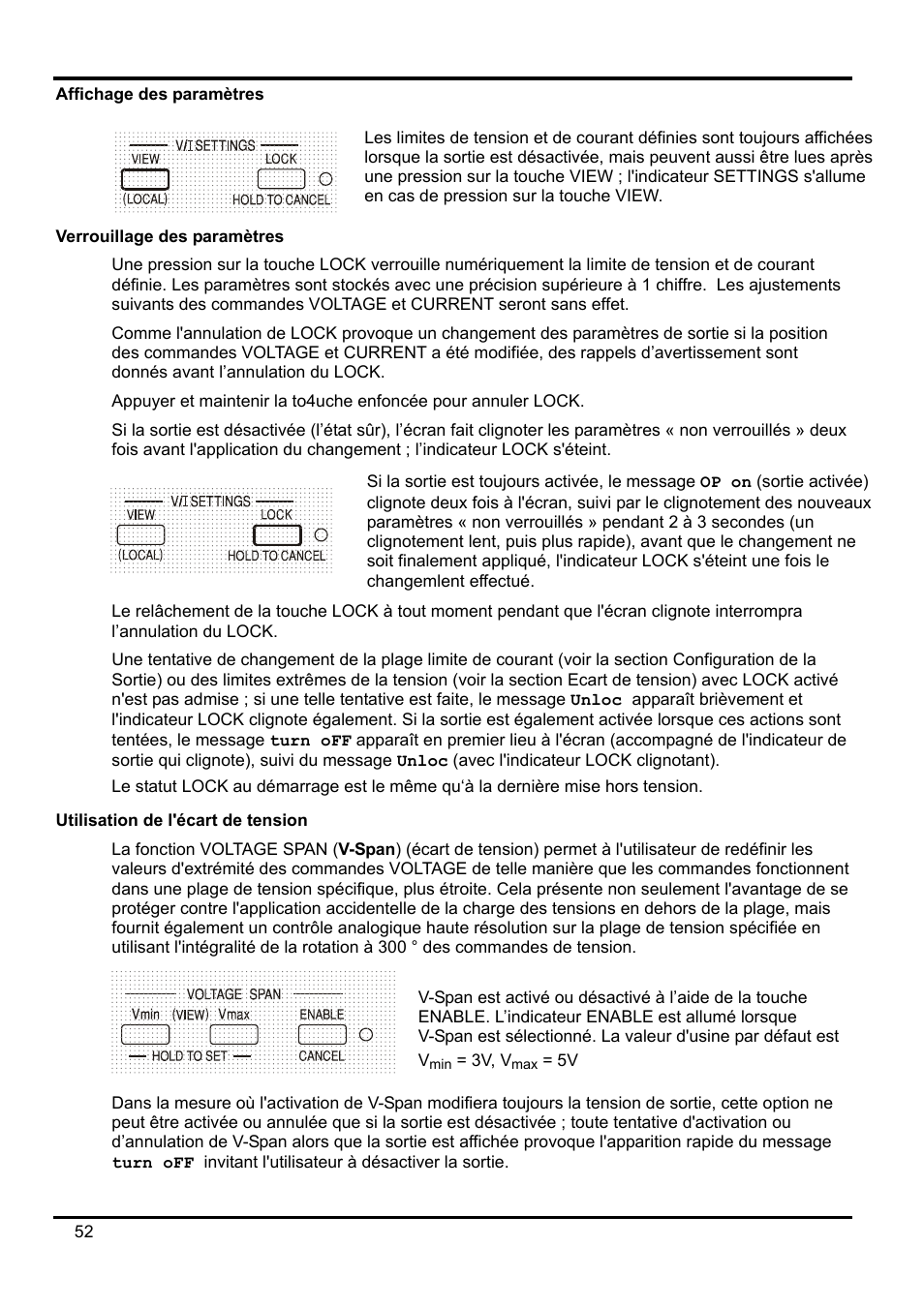 Affichage des paramètres, Verrouillage des paramètres, Utilisation de l'écart de tension | AMETEK XEL Series 60V and below User Manual | Page 56 / 186