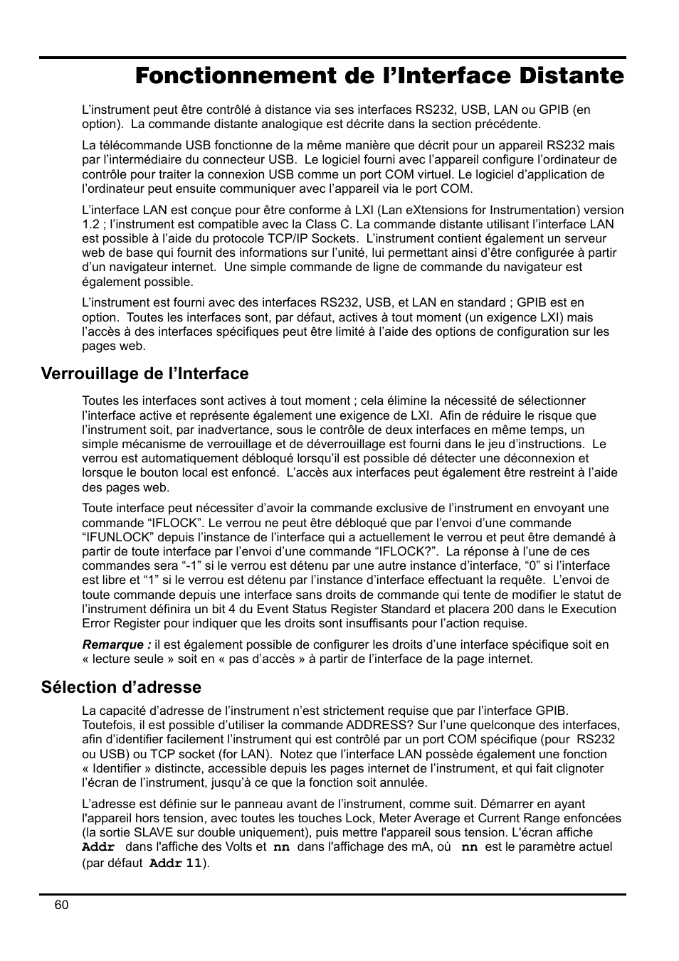 Fonctionnement de l’interface distante, Verrouillage de l’interface, Sélection d’adresse | AMETEK XEL Series 60V and below User Manual | Page 64 / 186