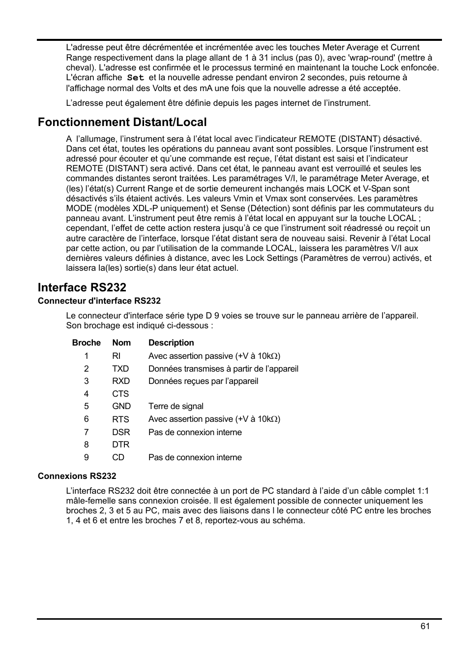 Fonctionnement distant/local, Interface rs232, Connecteur d'interface rs232 | Connexions rs232 | AMETEK XEL Series 60V and below User Manual | Page 65 / 186