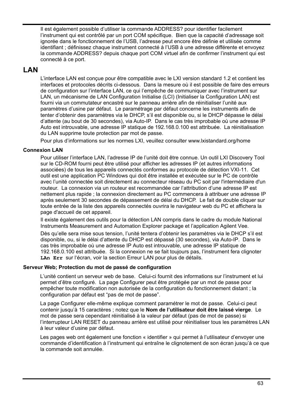 Connexion lan, Serveur web; protection du mot de passé de confi | AMETEK XEL Series 60V and below User Manual | Page 67 / 186