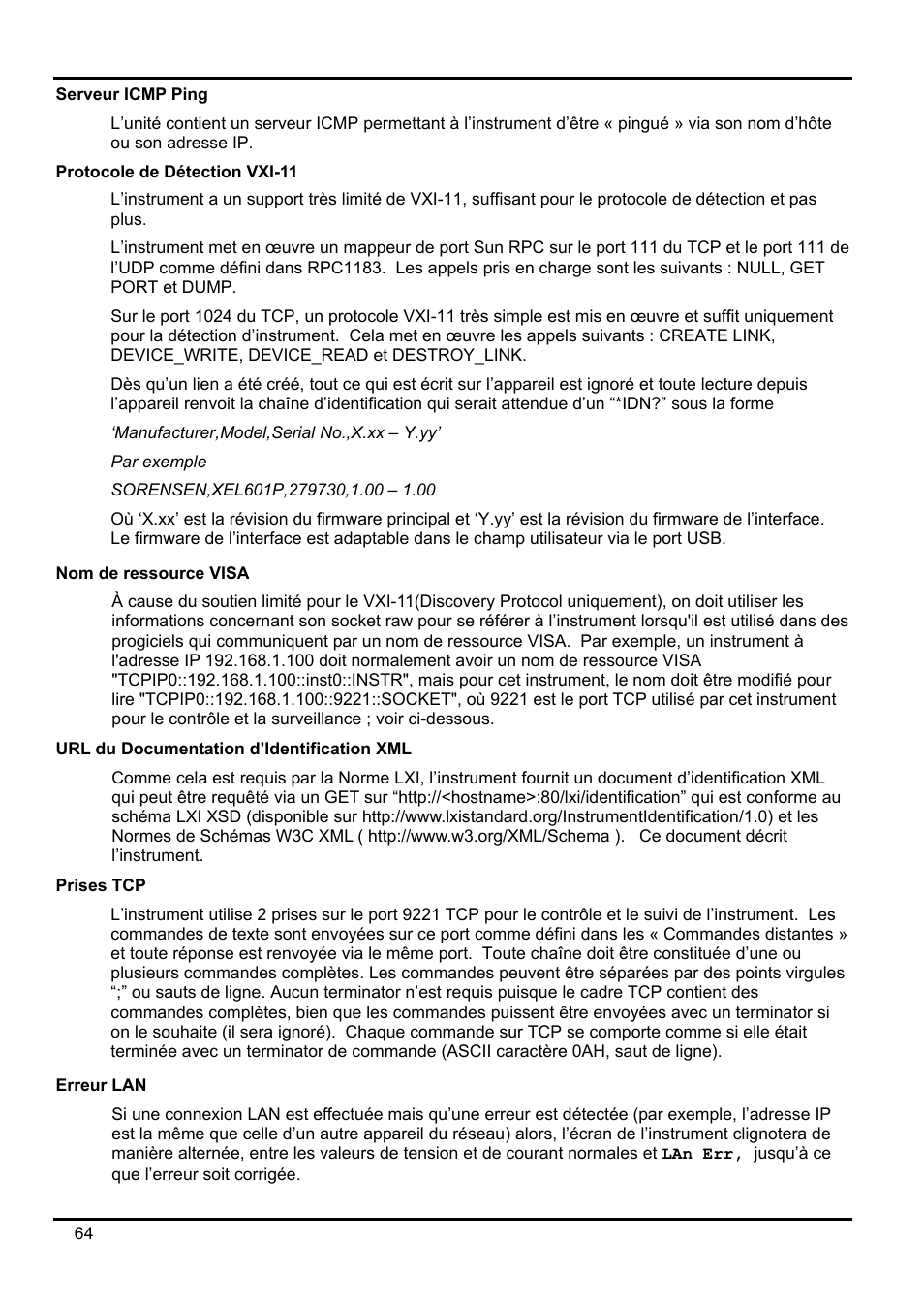 Serveur icmp ping, Protocole de détection vxi-11, Nom de ressource visa | Url du documentation d’identification xml, Prises tcp, Erreur lan | AMETEK XEL Series 60V and below User Manual | Page 68 / 186