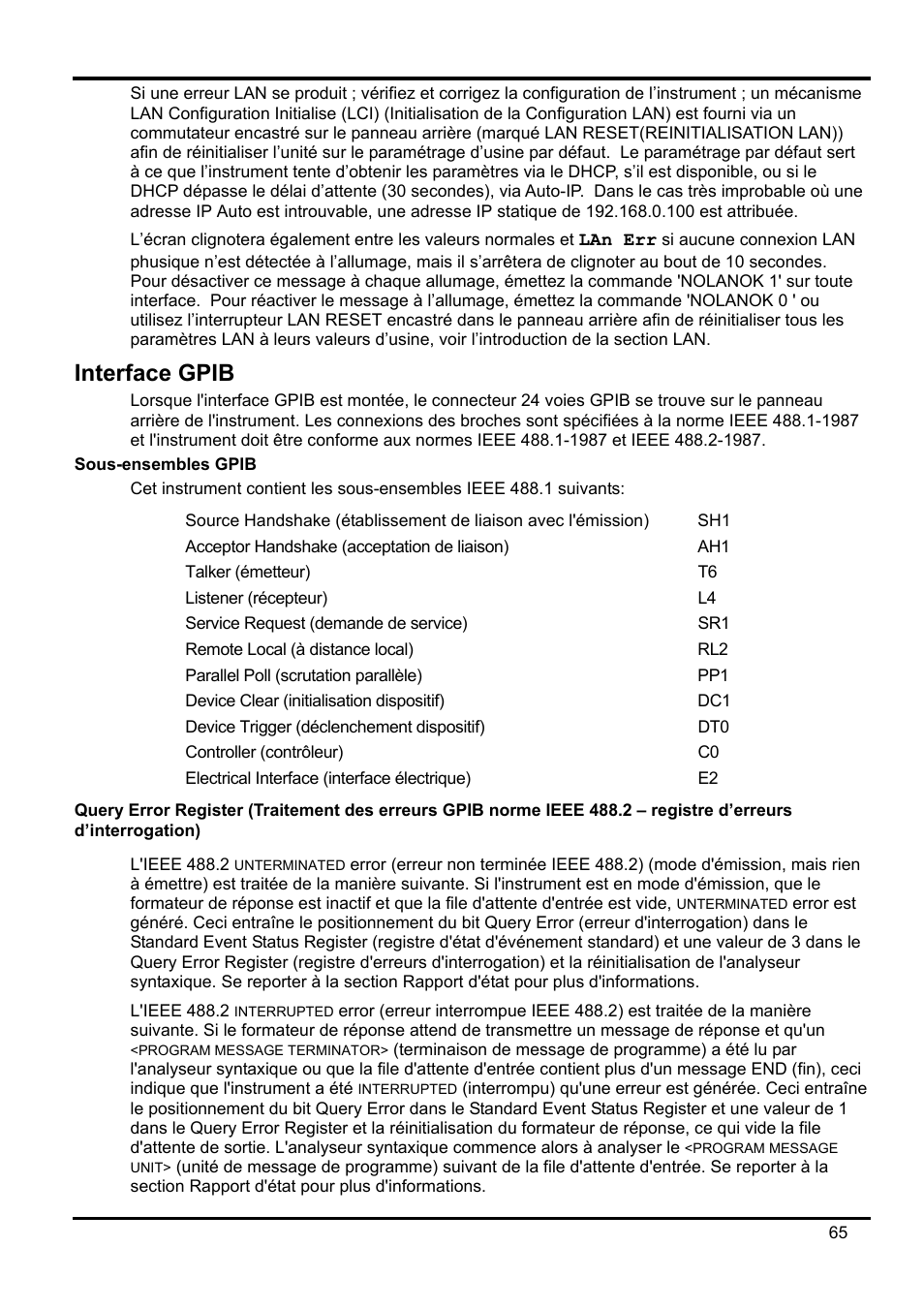 Interface gpib, Sous-ensembles gpib, Query error register \(traitement des erreurs gp | AMETEK XEL Series 60V and below User Manual | Page 69 / 186