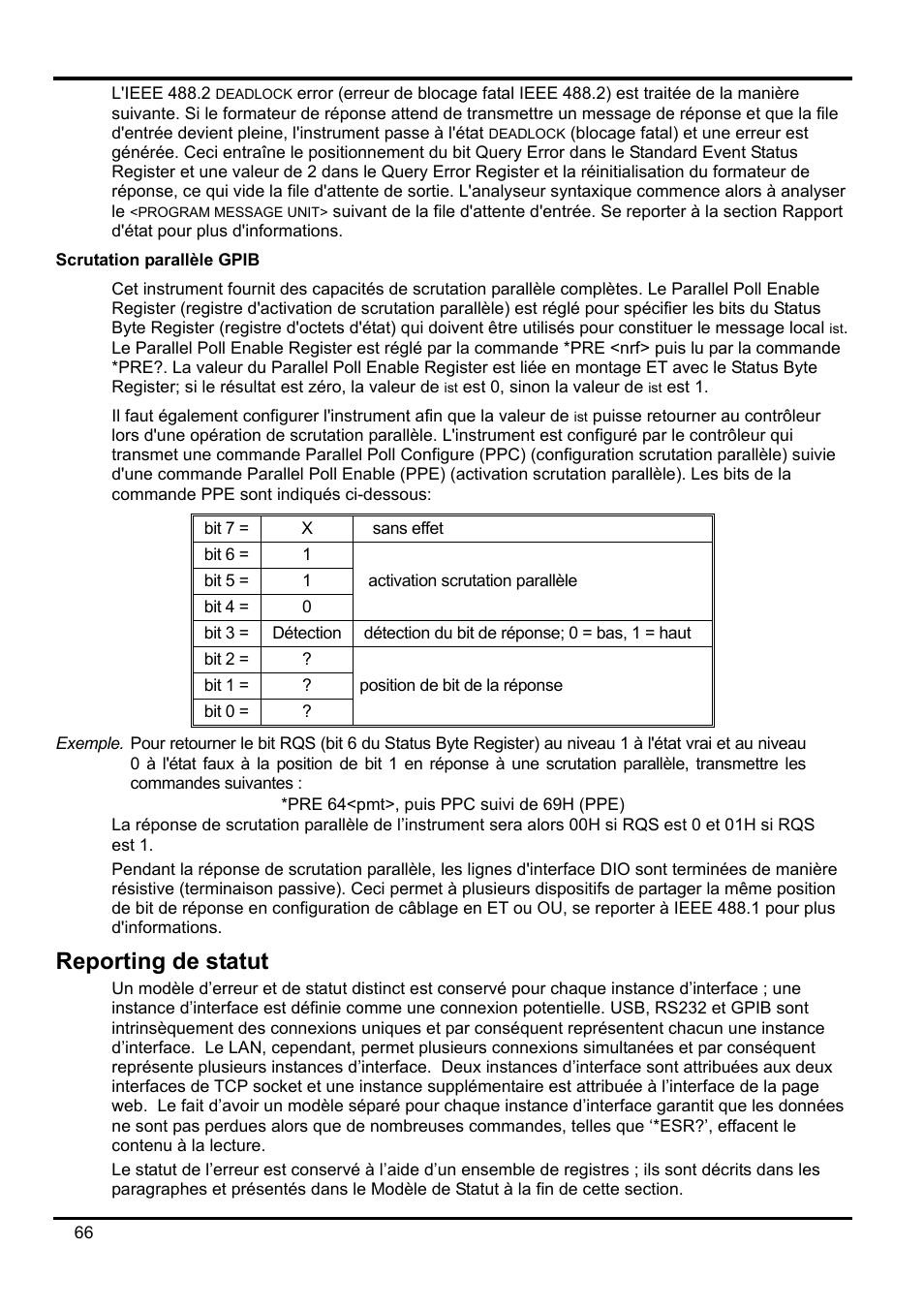 Scrutation parallèle gpib, Reporting de statut | AMETEK XEL Series 60V and below User Manual | Page 70 / 186
