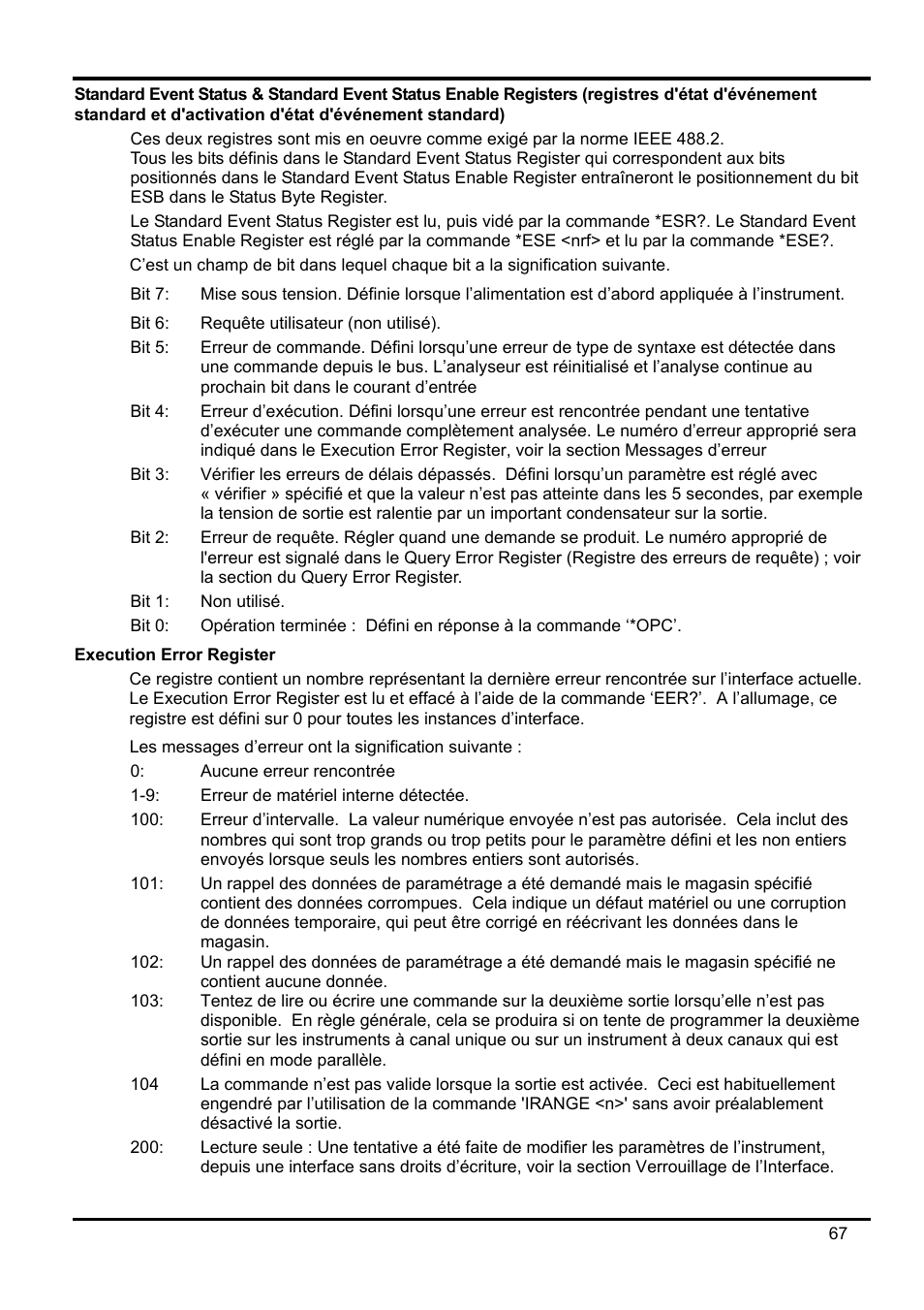 Standard event status & standard event status ena, Execution error register | AMETEK XEL Series 60V and below User Manual | Page 71 / 186