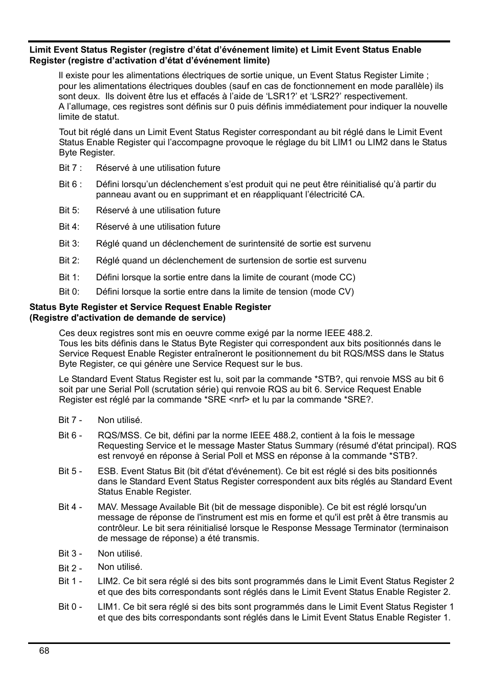 Limit event status register \(registre d’état d | AMETEK XEL Series 60V and below User Manual | Page 72 / 186