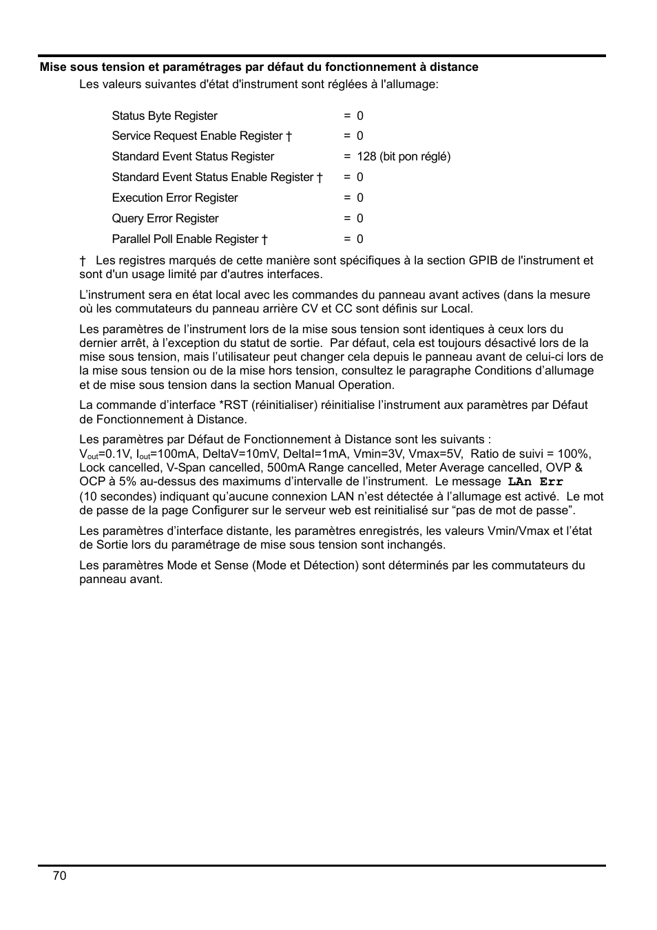 Mise sous tension et paramétrages par défaut du | AMETEK XEL Series 60V and below User Manual | Page 74 / 186