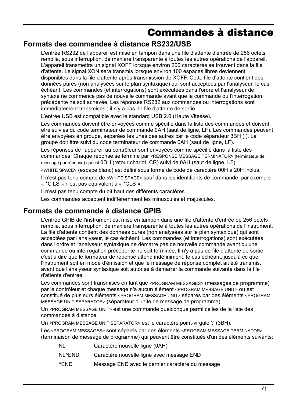 Commandes à distance, Formats des commandes à distance rs232/usb, Formats de commande à distance gpib | AMETEK XEL Series 60V and below User Manual | Page 75 / 186