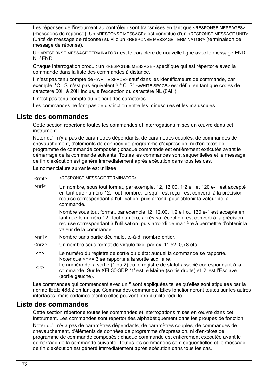 Liste des commandes | AMETEK XEL Series 60V and below User Manual | Page 76 / 186