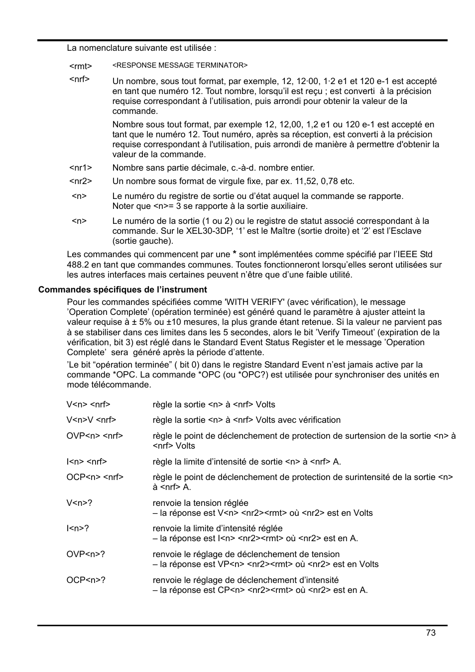 Commandes spécifiques de l’instrument | AMETEK XEL Series 60V and below User Manual | Page 77 / 186