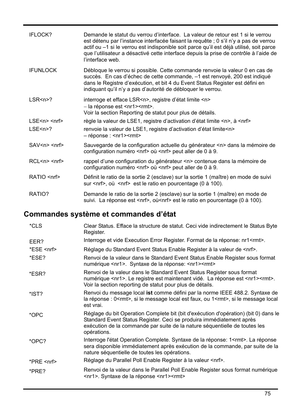 Commandes système et commandes d’état, Ese <nrf, Pre <nrf | AMETEK XEL Series 60V and below User Manual | Page 79 / 186