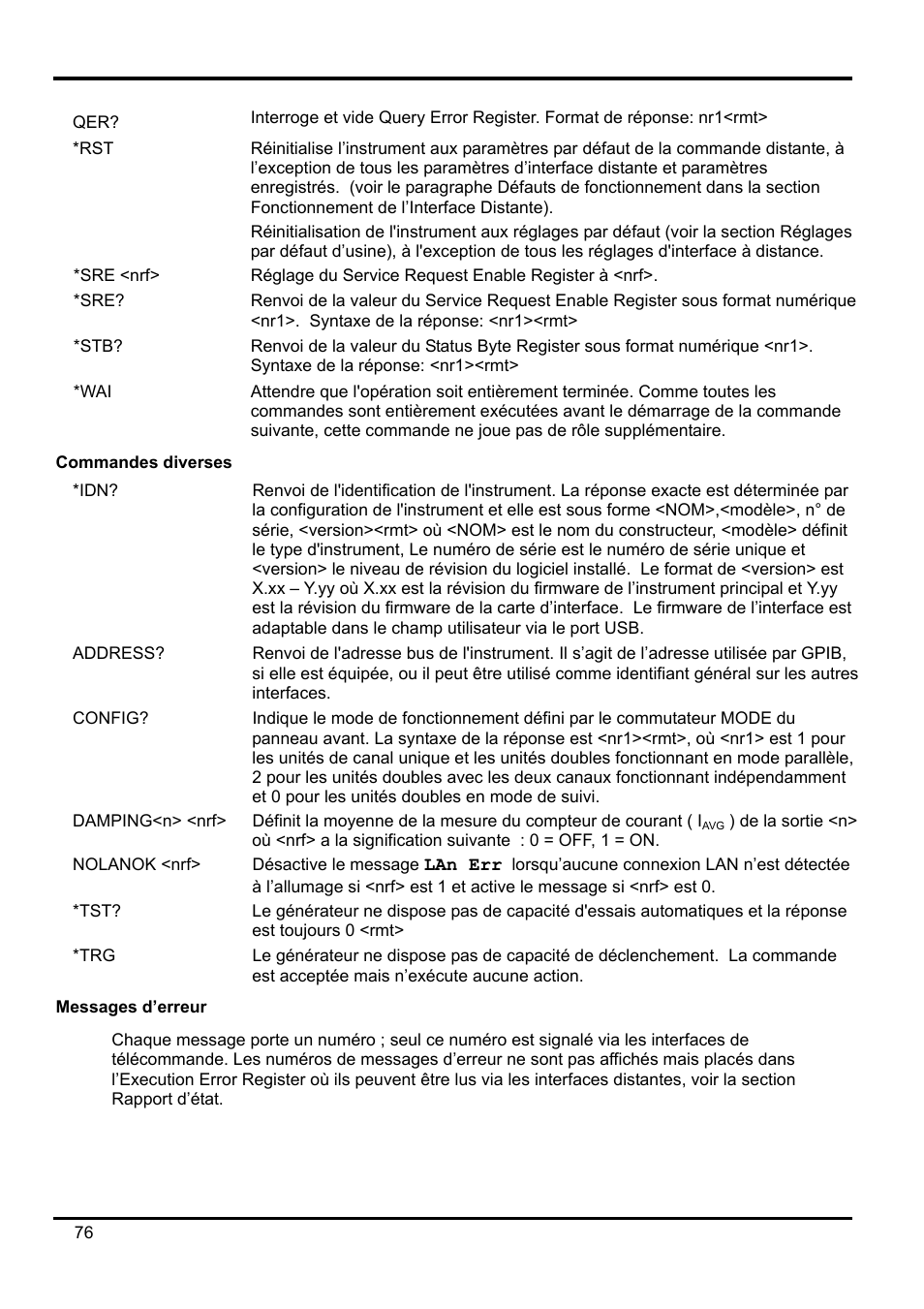 Sre <nrf, Commandes diverses, Messages d’erreur | AMETEK XEL Series 60V and below User Manual | Page 80 / 186