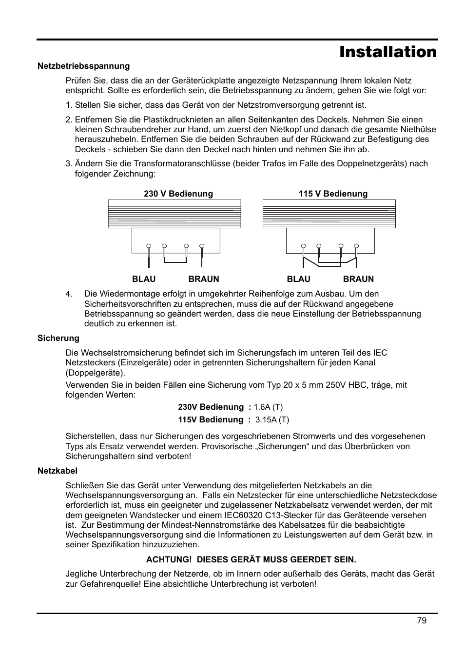 Installation, Netzbetriebsspannung, Sicherung | Netzkabel | AMETEK XEL Series 60V and below User Manual | Page 83 / 186