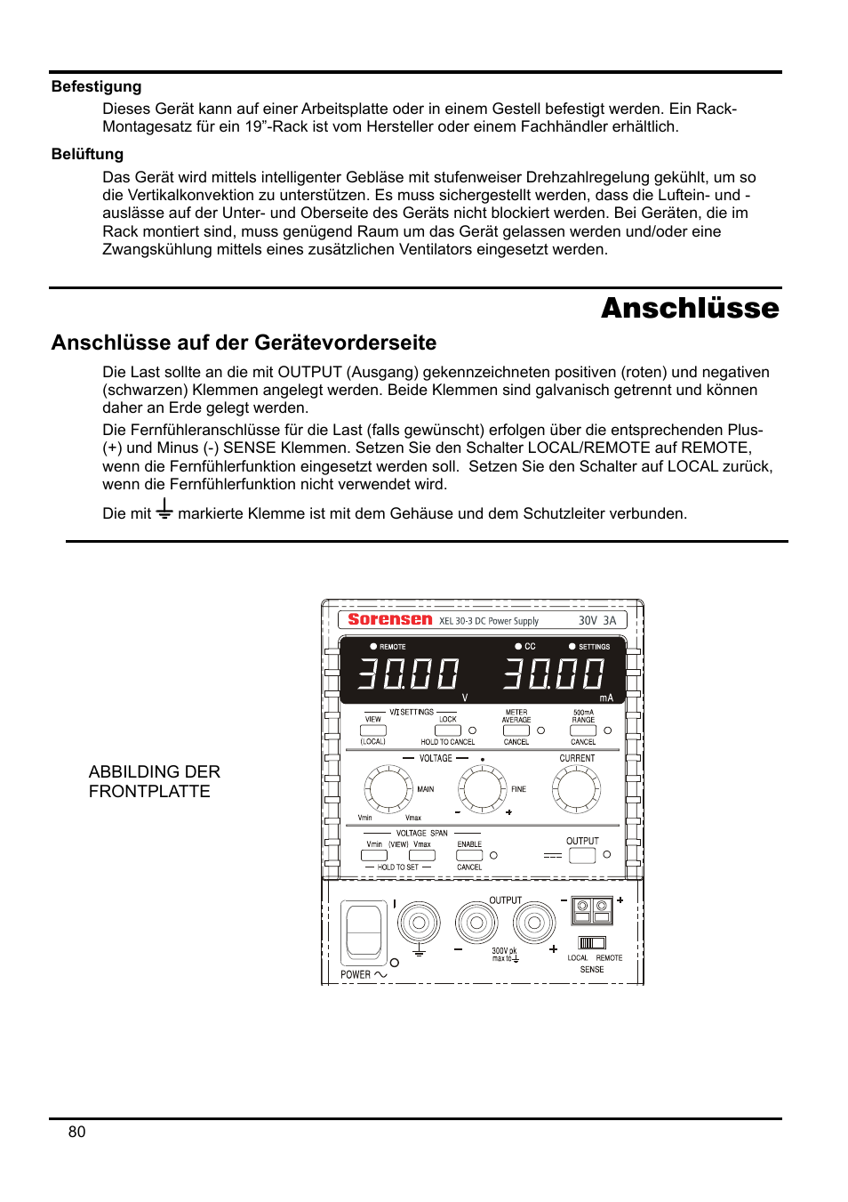 Befestigung, Belüftung, Anschlüsse | Anschlüsse auf der gerätevorderseite | AMETEK XEL Series 60V and below User Manual | Page 84 / 186