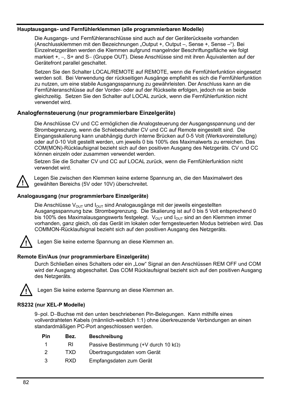 Hauptausgangs- und fernfühlerklemmen \(alle pro, Analogausgang \(nur programmierbare einzelgerät, Remote ein/aus \(nur programmierbare einzelgerä | Rs232 (nur xel-p modelle), Beschreibung | AMETEK XEL Series 60V and below User Manual | Page 86 / 186