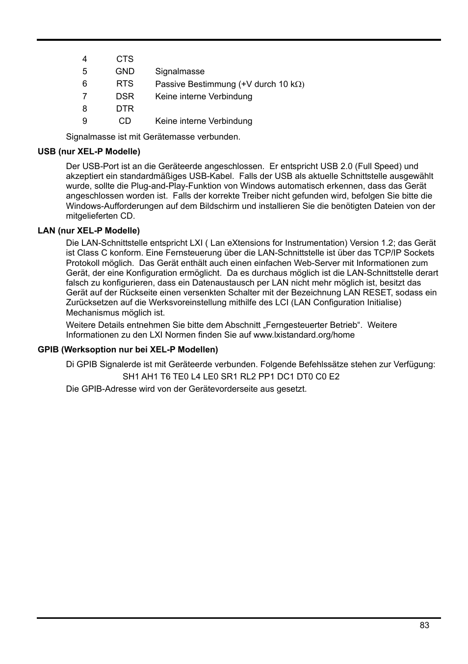 Usb (nur xel-p modelle), Lan (nur xel-p modelle), Gpib (werksoption nur bei xel-p modellen) | AMETEK XEL Series 60V and below User Manual | Page 87 / 186
