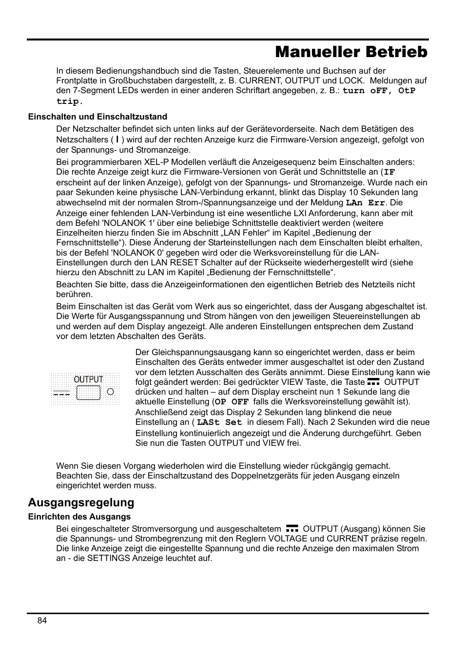 Manueller betrieb, Einschalten und einschaltzustand, Ausgangsregelung | Einrichten des ausgangs | AMETEK XEL Series 60V and below User Manual | Page 88 / 186