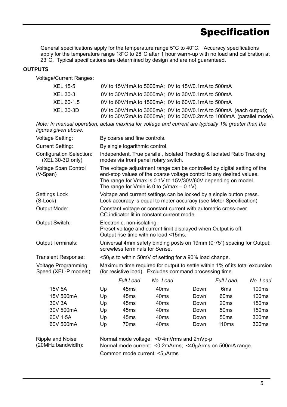 Specification, Outputs | AMETEK XEL Series 60V and below User Manual | Page 9 / 186