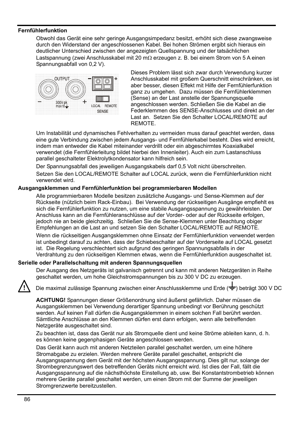 Fernfühlerfunktion, Ausgangsklemmen und fernfühlerfunktion bei progr | AMETEK XEL Series 60V and below User Manual | Page 90 / 186