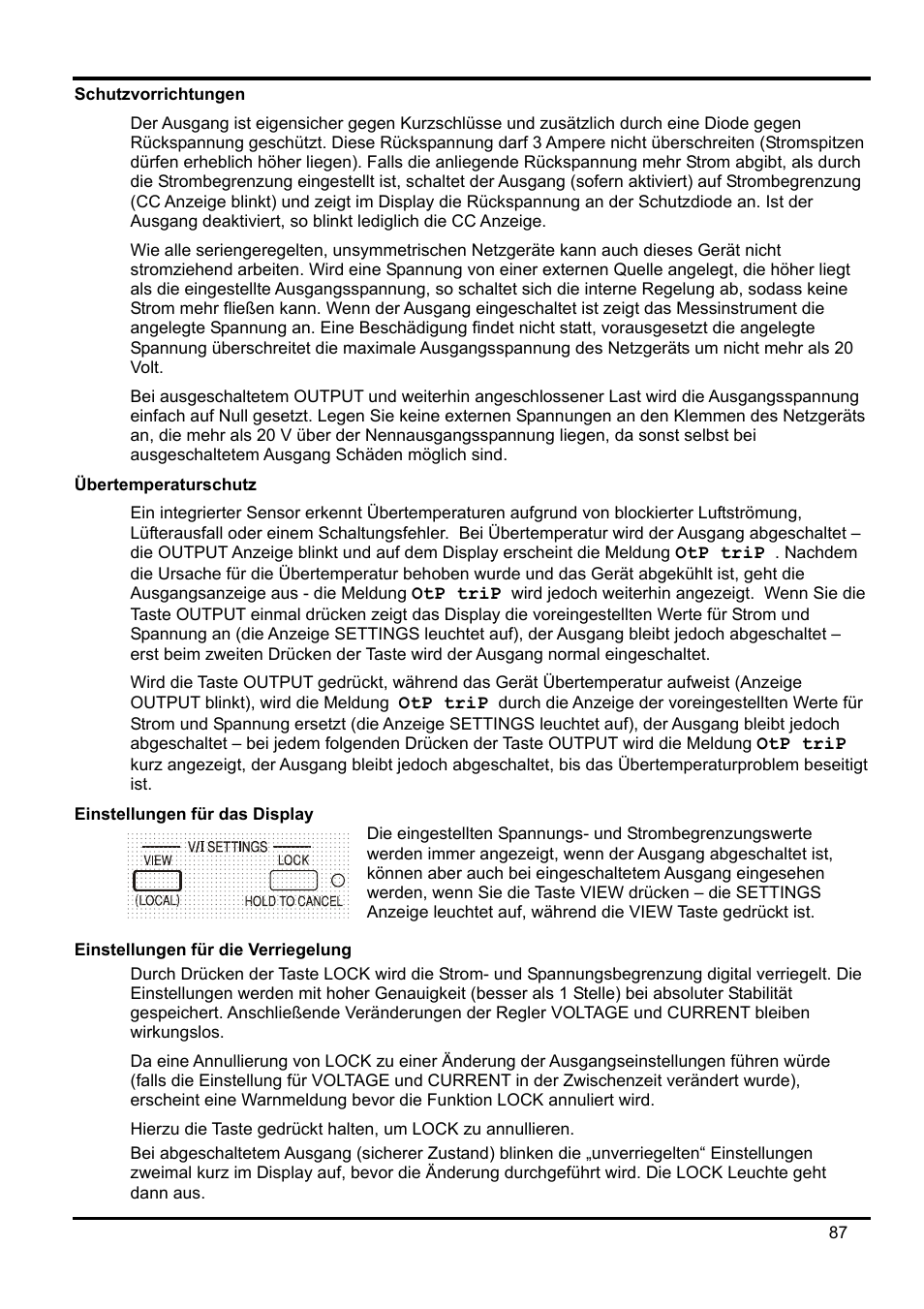 Schutzvorrichtungen, Übertemperaturschutz, Einstellungen für das display | Einstellungen für die verriegelung | AMETEK XEL Series 60V and below User Manual | Page 91 / 186