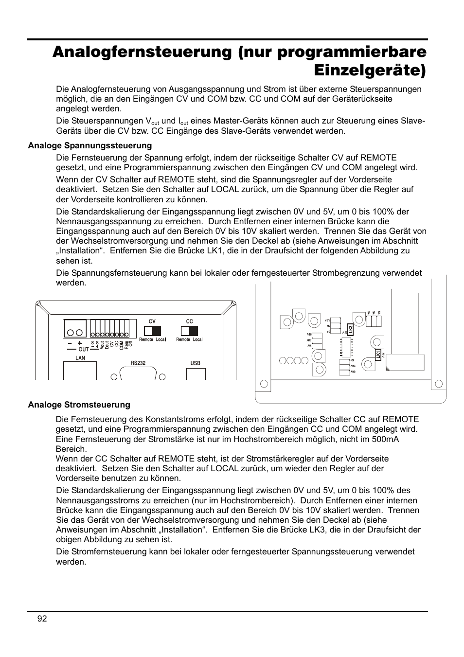 Analogfernsteuerung \(nur programmierbare einzel, Analoge spannungssteuerung, Analoge stromsteuerung | AMETEK XEL Series 60V and below User Manual | Page 96 / 186