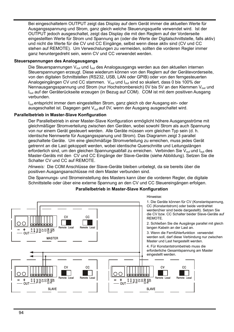 Steuerspannungen des analogausgangs, Parallelbetrieb in master-slave konfiguration | AMETEK XEL Series 60V and below User Manual | Page 98 / 186