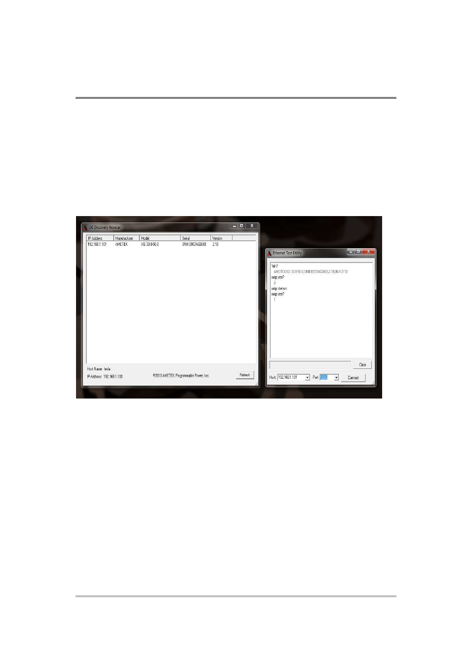 Using the ametek ethernet test utility | AMETEK XG Family Programmable DC User Manual | Page 234 / 399