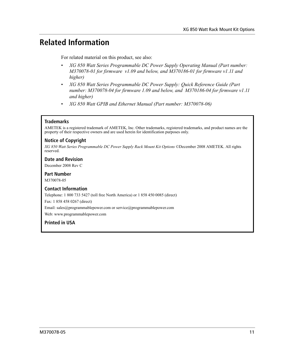 Related information | AMETEK XG 850 Watt Series Rack-Mount User Manual | Page 11 / 11