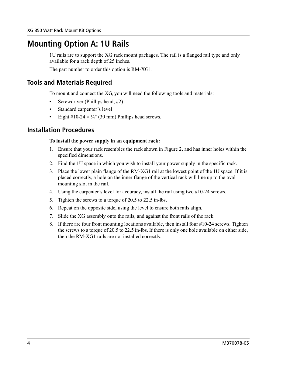 Mounting option a: 1u rails | AMETEK XG 850 Watt Series Rack-Mount User Manual | Page 4 / 11