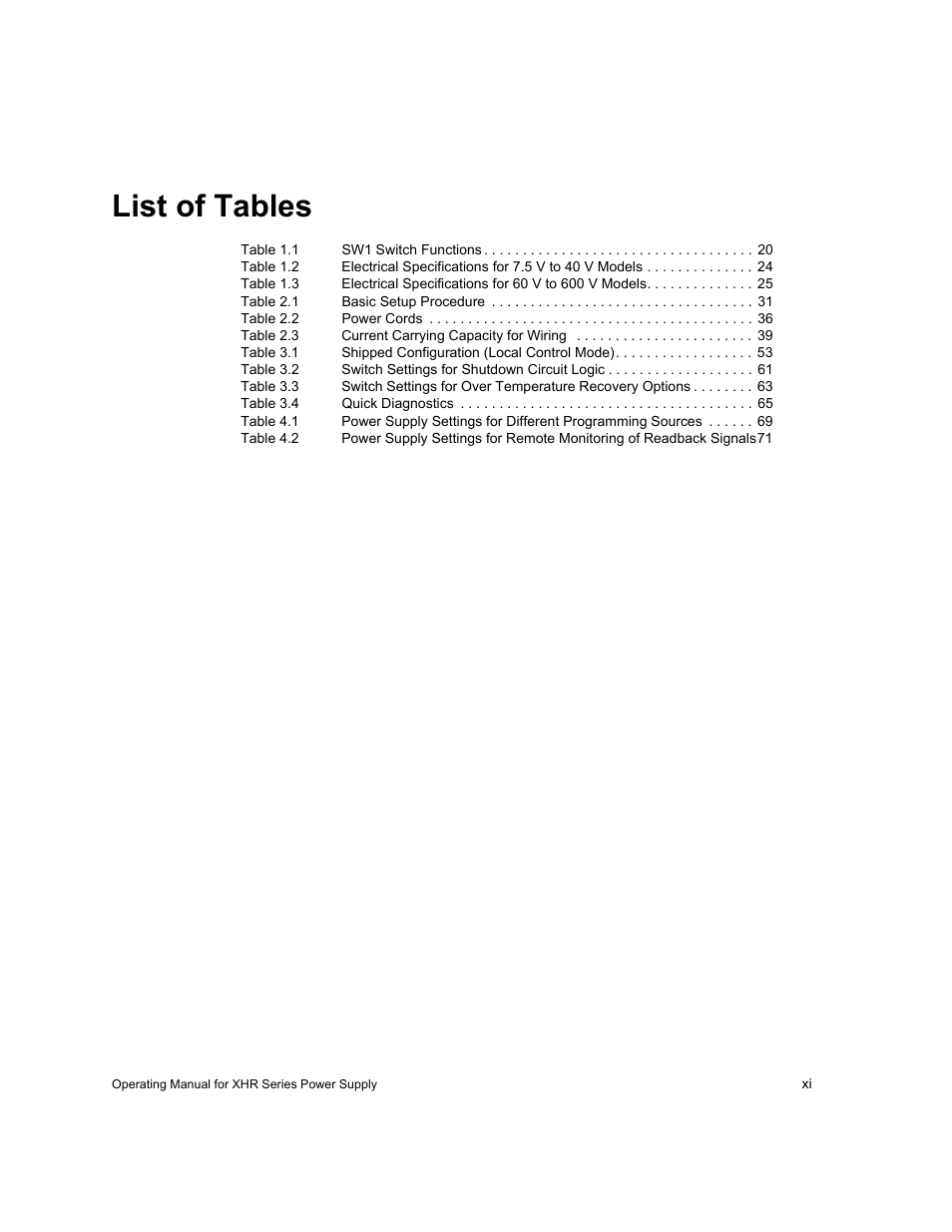 List of tables | AMETEK XHR 1000 Watt Series User Manual | Page 13 / 82