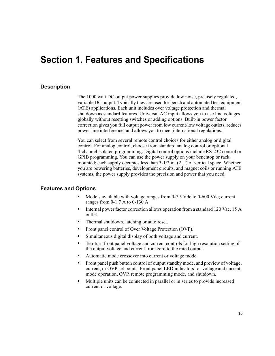 Section 1. features and specifications, Description, Features and options | AMETEK XHR 1000 Watt Series User Manual | Page 15 / 82