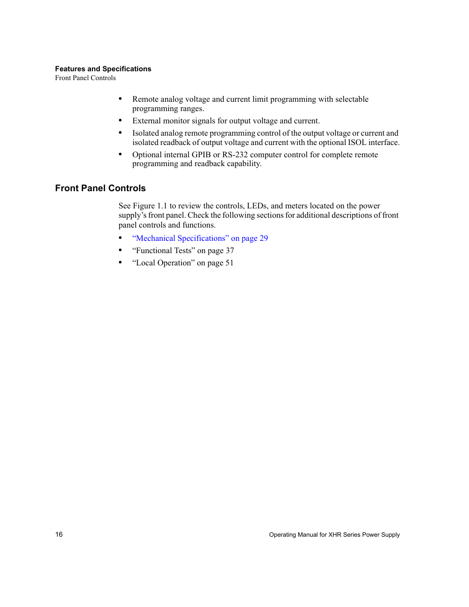 Front panel controls | AMETEK XHR 1000 Watt Series User Manual | Page 16 / 82