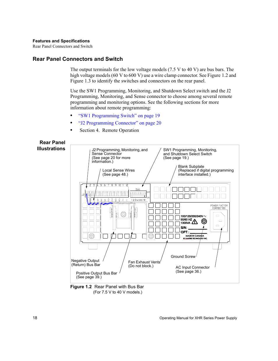 Rear panel connectors and switch, Rear panel illustrations | AMETEK XHR 1000 Watt Series User Manual | Page 18 / 82