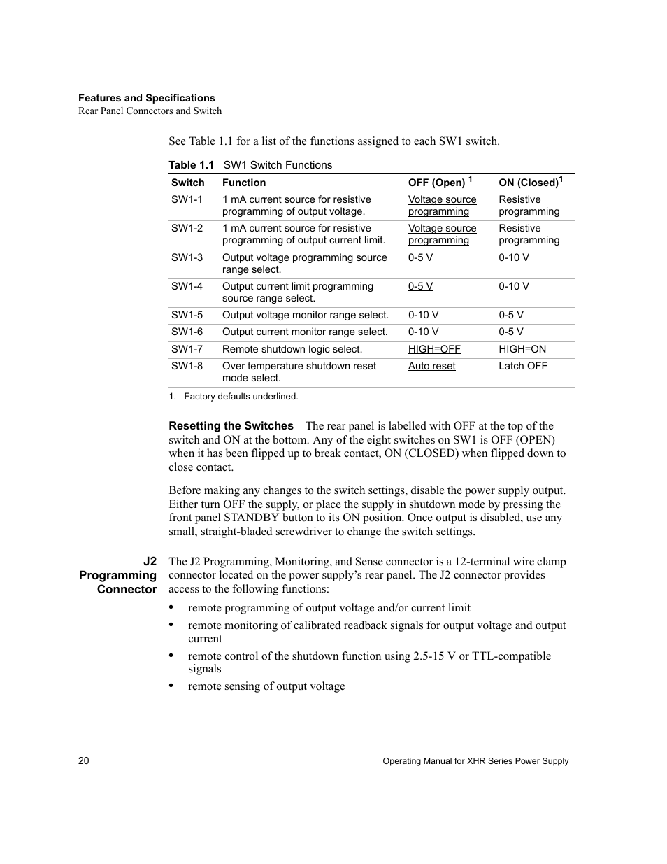 Resetting the switches, J2 programming connector | AMETEK XHR 1000 Watt Series User Manual | Page 20 / 82