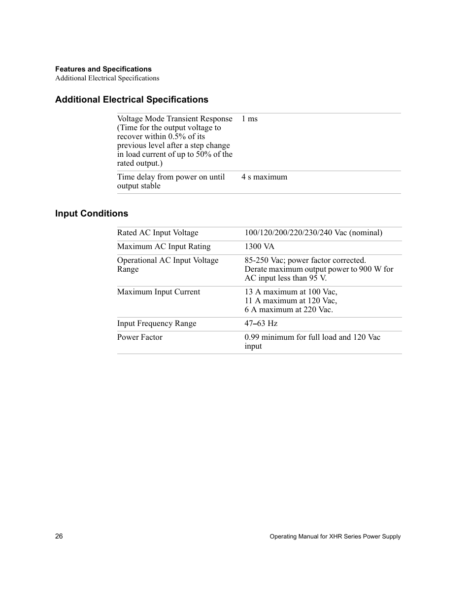 Additional electrical specifications, Input conditions | AMETEK XHR 1000 Watt Series User Manual | Page 26 / 82