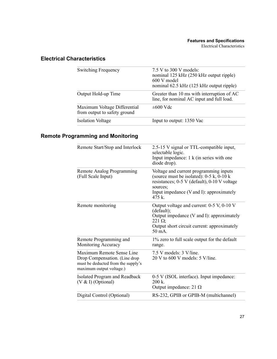 Electrical characteristics, Remote programming and monitoring | AMETEK XHR 1000 Watt Series User Manual | Page 27 / 82