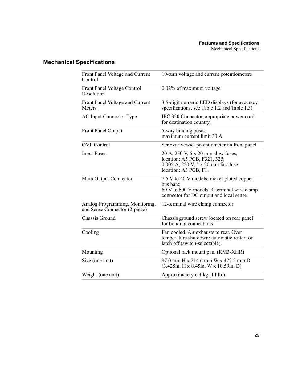Mechanical specifications | AMETEK XHR 1000 Watt Series User Manual | Page 29 / 82