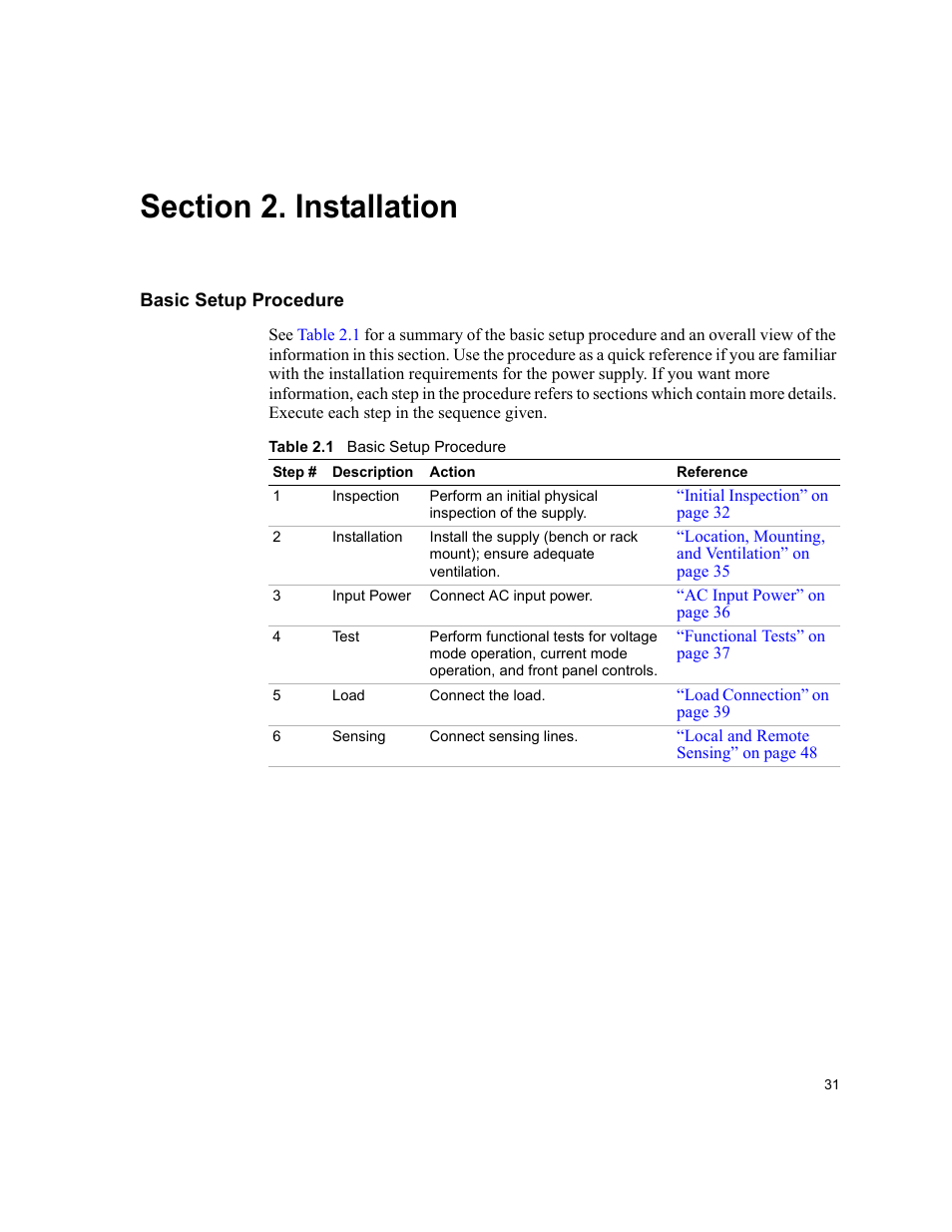 Section 2. installation, Basic setup procedure | AMETEK XHR 1000 Watt Series User Manual | Page 31 / 82