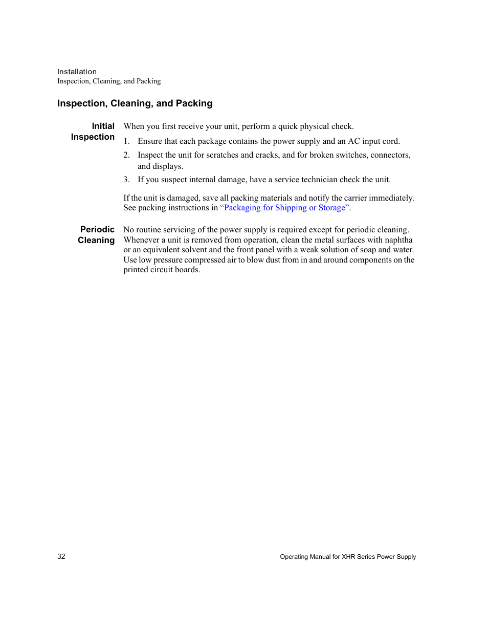 Inspection, cleaning, and packing, Initial inspection, Periodic cleaning | Initial inspection” on | AMETEK XHR 1000 Watt Series User Manual | Page 32 / 82