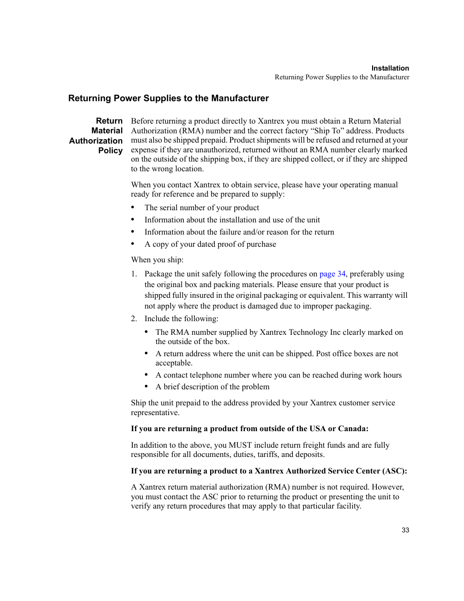 Returning power supplies to the manufacturer, Return material authorization policy | AMETEK XHR 1000 Watt Series User Manual | Page 33 / 82