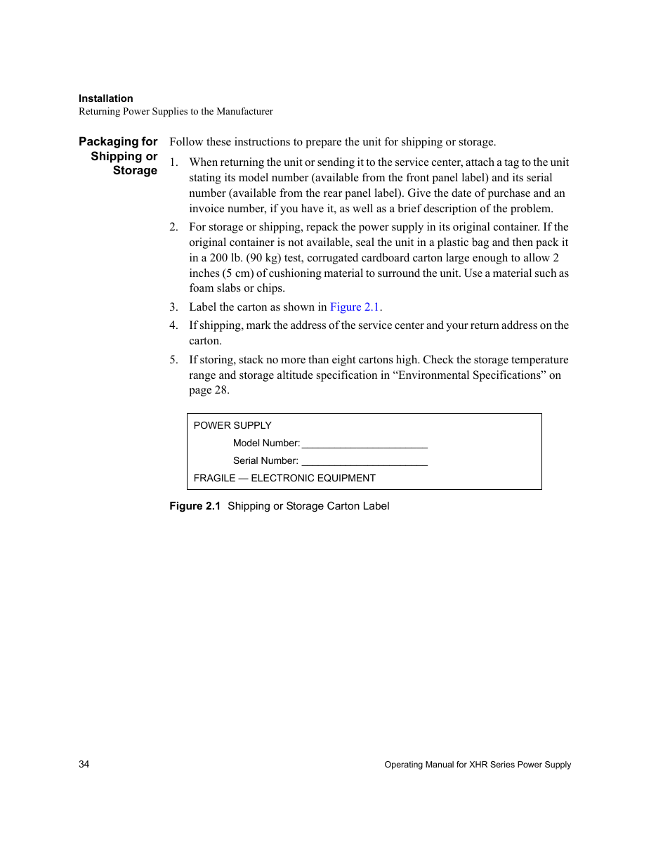 Packaging for shipping or storage | AMETEK XHR 1000 Watt Series User Manual | Page 34 / 82