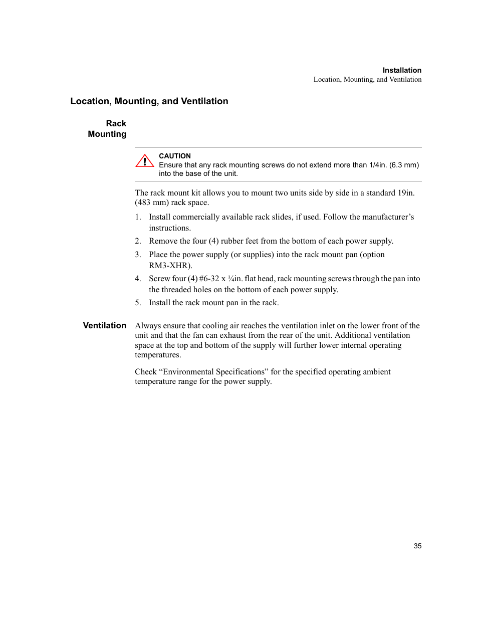 Location, mounting, and ventilation, Rack mounting, Ventilation | Location, mounting, And ventilation” on | AMETEK XHR 1000 Watt Series User Manual | Page 35 / 82