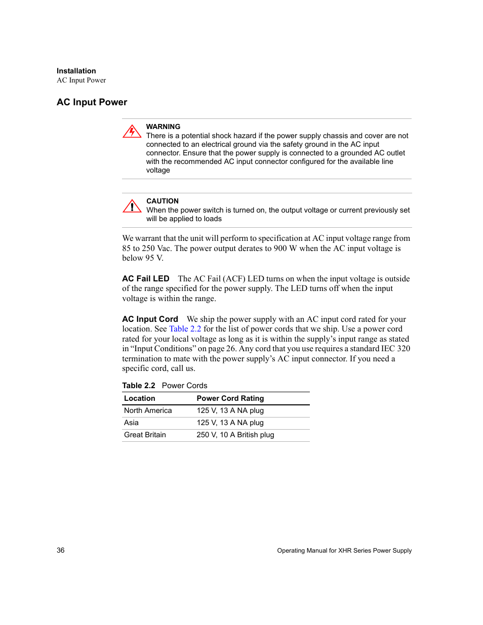 Ac input power, Ac fail led, Ac input cord | Ac input power” on | AMETEK XHR 1000 Watt Series User Manual | Page 36 / 82