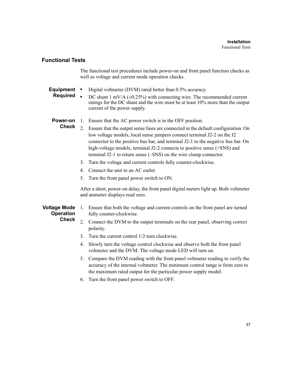 Functional tests, Equipment required, Power-on check | Voltage mode operation check, Functional tests” on | AMETEK XHR 1000 Watt Series User Manual | Page 37 / 82