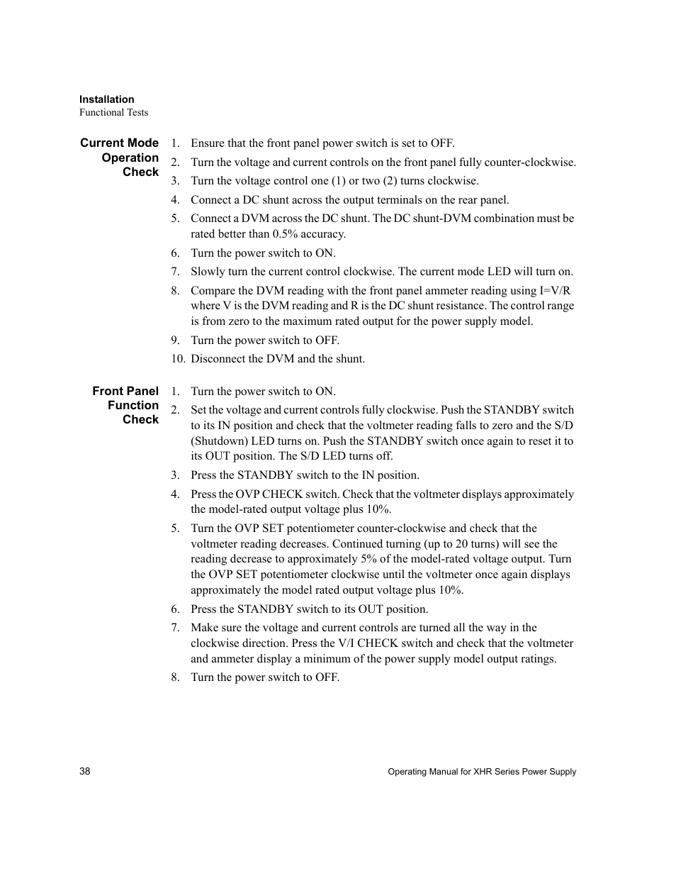 Current mode operation check, Front panel function check | AMETEK XHR 1000 Watt Series User Manual | Page 38 / 82