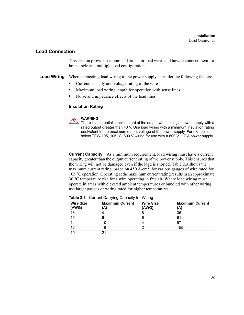 Load connection, Load wiring, Insulation rating | Current capacity, Load connection” on | AMETEK XHR 1000 Watt Series User Manual | Page 39 / 82