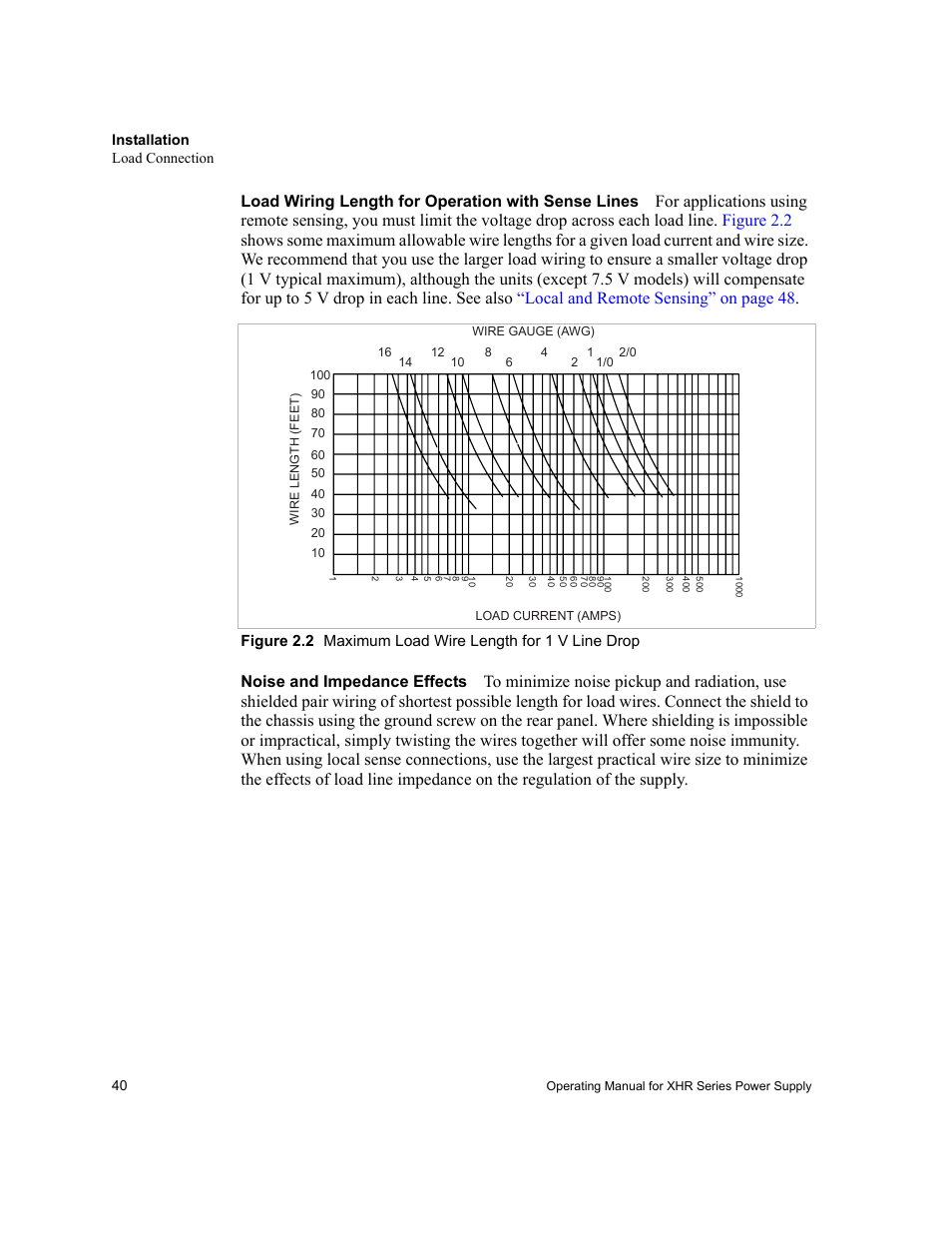 Load wiring length for operation with sense lines, Noise and impedance effects | AMETEK XHR 1000 Watt Series User Manual | Page 40 / 82