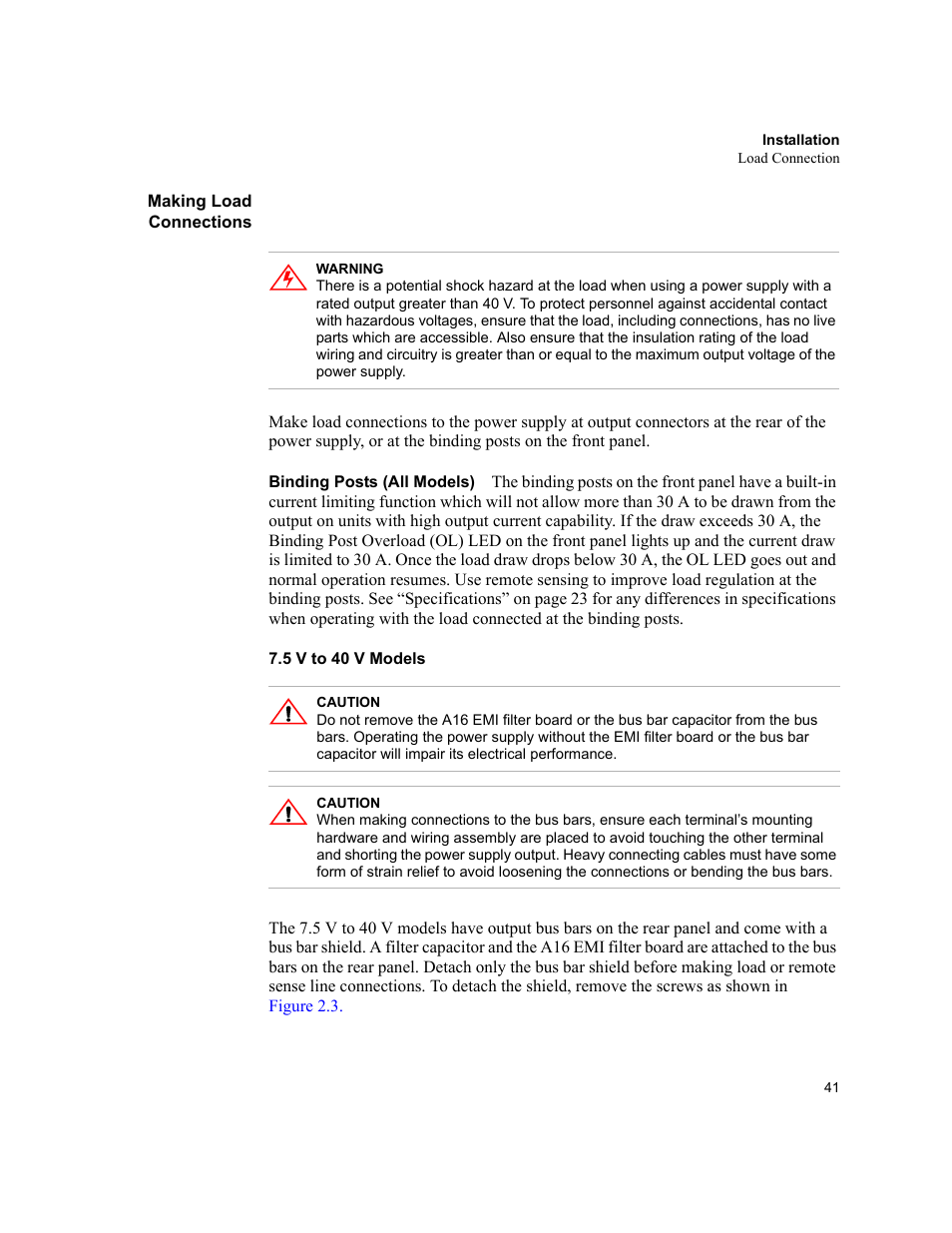 Making load connections, Binding posts (all models), 5 v to 40 v models | AMETEK XHR 1000 Watt Series User Manual | Page 41 / 82